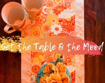 Burnt Orange Table Runner-Flower Table Runner-Table Runner Handmade-Boho Table Runner-Shabby Chic Table-Yellow Table Runner-Fall Flowers