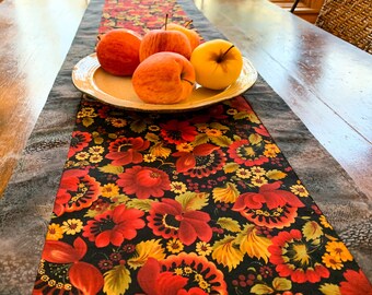 Floral Table Runner-Long-Handmade-Red & Black Decor-Fall Table Runner