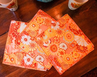 Cloth Napkins-Fall Flowers-Flower Napkins-Boho Table Decor-Shabby Chic Table-Eco Friendly Gifts-Party Decor-Cottage Decor-Burnt Orange Decor