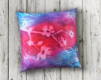 Cherry Blossom Pillow-Pillow Cover and Insert-Fuchsia Pillow-Sky Blue Pillow Covers-Floral Pillow-Boho Chic Decor-Shabby Chic-Gift for Her