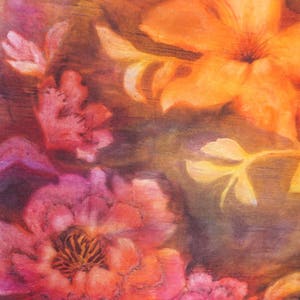 May include: Watercolor painting of flowers in shades of orange, pink, and yellow on a brown background.