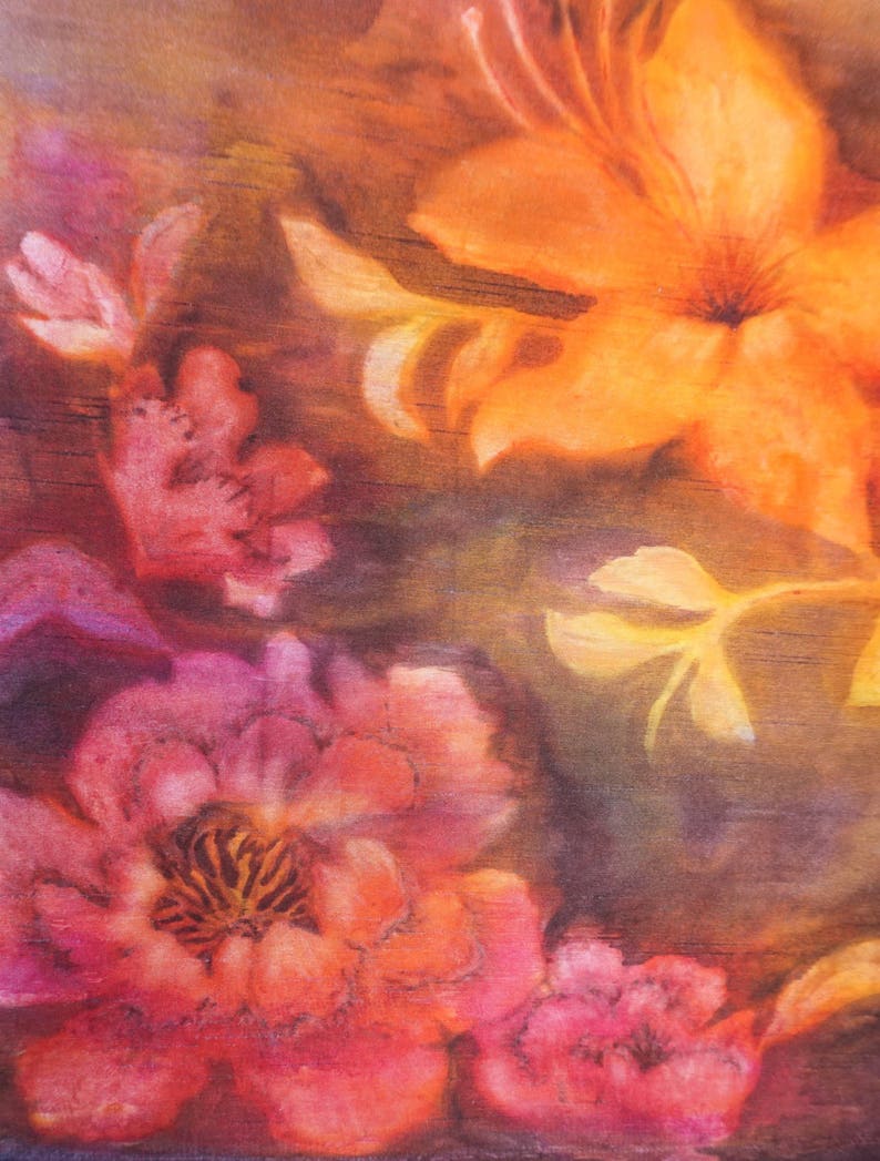 May include: Watercolor painting of flowers in shades of orange, pink, and yellow on a brown background.