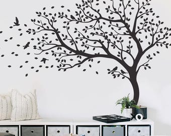 Adesivo de parede de árvore – Decoração para quarto de bebê com pássaros e folhas