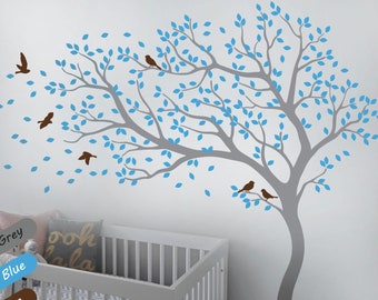 Tree wall decal nursery tree wall stickers huge wall decor wall mural kids room wall decoration with cute birds and leaves - 098