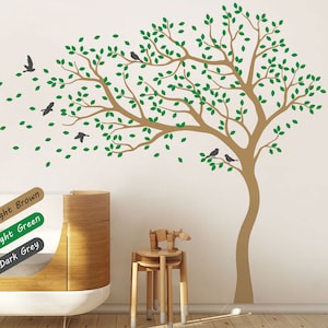 Tree wall decal huge tree wall stickers nursery wall decor wall mural kids room wall decoration with cute birds and leaves 098 image 1