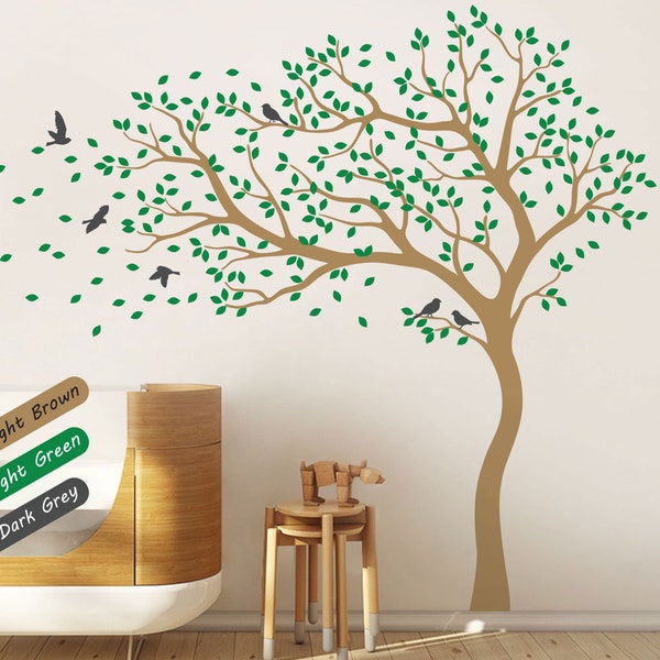 Tree wall decal huge tree wall stickers nursery wall decor wall mural kids room wall decoration with cute birds and leaves - 098