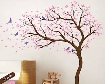 Large tree wall decal nursery tree wall stickers huge wall decor wall mural kids room wall decoration with cute birds and leaves - 098