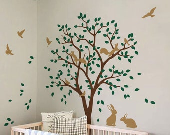 Large Tree and Animals Decal Sticker Set, Customizable, Nursery Wall Art, Bunnies, Squirrels, Birds - 095