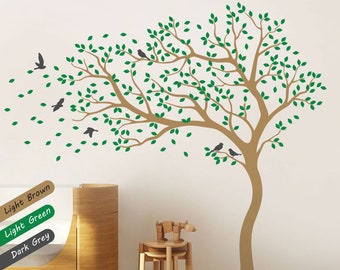 Adesivo murale con albero – Murale per cameretta dei bambini con uccelli e foglie