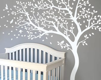White Tree Wall Decal – Large Baby Nursery Vinyl Mural with Birds & Leaves