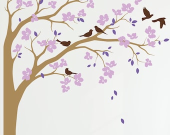 Grande adesivo da parete ad angolo con albero, fiori e uccelli, decorazione per la cameretta dei bambini