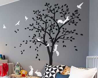 Large Tree Wall Stickers, Bunnies, Squirrels and Birds Decals, Custom Colors, Nursery Wall Art, Mural Décor - 095