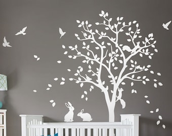 White Tree Wall Stickers with Birds, Squirrels, and Bunnies Nursery Decals, Customizable Wall Art, Woodland Theme - 095