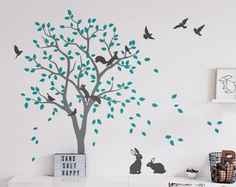 Charming Tree and Woodland Friends Decals, Customizable Stickers, Nursery Wall Art, Bunnies, Squirrels, Birds - 095