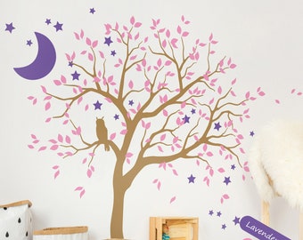 Large Tree Wall Decal Sticker with Owl, Moon and Stars - Big Nursery Wall Art Mural Decoration 088R