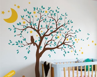 Large Tree Wall Decal Sticker with Owl, Moon and Stars Huge Nursery Mural Decoration 088R