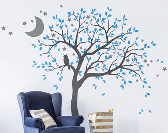 Large Tree Wall Decal Sticker with Owl, Moon and Stars - Big Nursery Wall Art Mural Decoration 088R