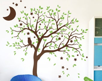 Large Tree Wall Decal Sticker with Owl, Moon and Stars Huge Nursery Mural Decoration 088R