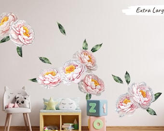Whimsical Watercolor Peony Decals, Pale Pink Blossoms. Vinyl or Fabric Material Choices - Various Sizes from Small to Extra Large - CP020