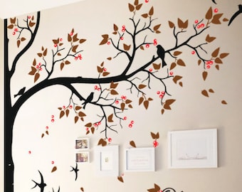 Tree wall decal with personalized name or quote Corner Decal with flying birds and leaves Nursery Wall Mural Sticker Tree Wall Decals - 065