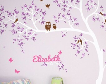 White Tree Wall Decal with birds personalized with baby name, Tree Wall decals, Kids room wall decor Wall Mural stickers - 063