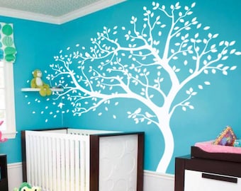 White Tree Wall Decal Huge Wall Mural Stickers Tree wall decal Nursery Tree and Birds Wall Art Tattoo Nature Wall Decals Decor  - 098