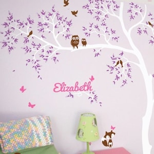 White Tree Wall Decal with birds personalized with baby name, Tree Wall decals, Kids room wall decor Wall Mural stickers - 063