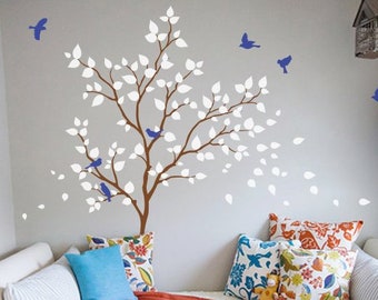 Nursery tree wall decal with birds and white leaves Nursery wall sticker decoration for baby room 017