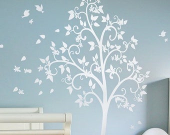 White tree wall decal Curly branches Tree Wall sticker with leaves blossoms and birds Mural sticker Kids room Wall tattoo 051