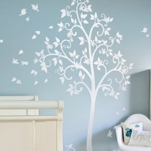 White tree wall decal Curly branches Tree Wall sticker with leaves blossoms and birds Mural sticker Kids room Wall tattoo 051