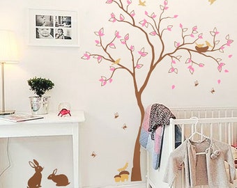 Sticker mural arbre sticker mural chambre d'enfant arbre mural vinyle décoration murale arbre avec lapins oiseaux décoration murale - 074