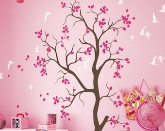 Adesivo de parede para quarto de bebê com árvore – Mural com pássaros e folhas