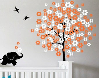 Elephant & Blossom Tree Nursery Wall Decal, Birds Decor