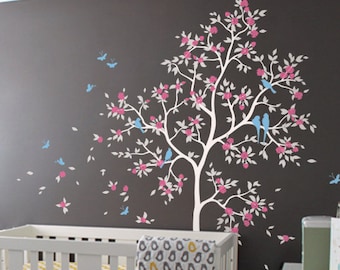 White tree wall decal huge tree wall Sticker Rose blossom nursery wall decor mural sticker tree wall decoration with birds and leaves 071