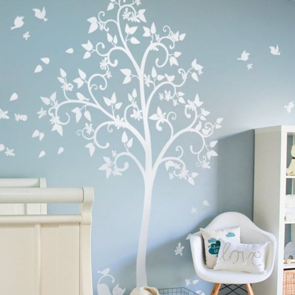 White Tree Wall Decal with Birds, Blossoms and Curly Branches – Kids Room Mural
