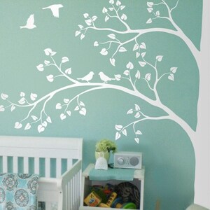 White Tree Wall Decal Huge Corner Tree With Leaves and Birds Nursery ...