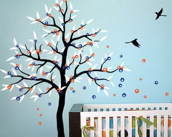 Tree wall decal with birds, blossoms and leaves kids wall decal nursery sticker - Wall Tree Decals - 018