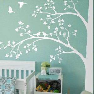 White Tree Wall Decal Huge Corner Tree with Leaves and Birds Nursery Decor Large Tree Mural  White Whimsical Tree Wall Sticker tattoo 011