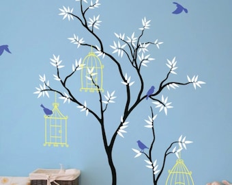 Nursery tree wall decal with birdhouses, leaves and cute birds Baby room wall decor 021