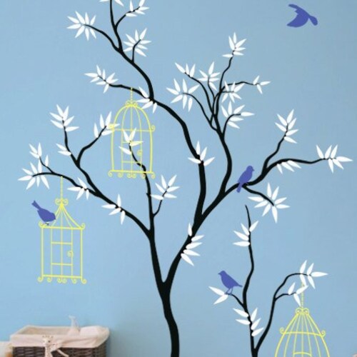 Nursery tree wall decal with birdhouses, sold leaves and cute birds Baby room wall decor 021