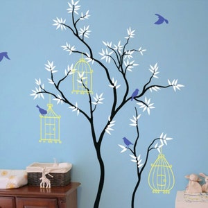 Nursery tree wall decal with birdhouses, leaves and cute birds Baby room wall decor 021
