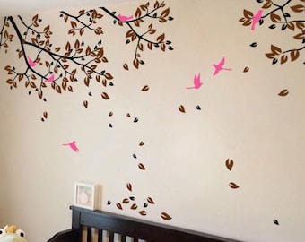 Adesivo de parede com galhos e pássaros para quarto infantil, decoração para berçário.