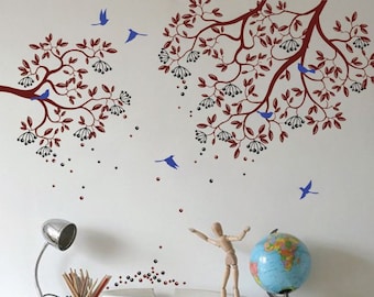 Modern nursery branches wall decal with leaves, birds and fruit - wall sticker two piece branch wall mural - nursery wall decoration 049_2