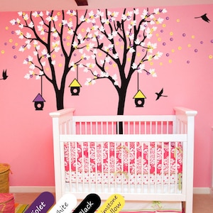 Large Tree Wall Decals Baby Nursery Trees wall stickers with Birdhouse and Birds Tall Trees wall Art Mural Decor - 024