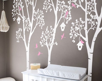 Tree Wall Decal Wall Stickers Birch Trees decal Wall Decals Trees with Birds and Leaves Wall Art Mural Modern wall decor - 037