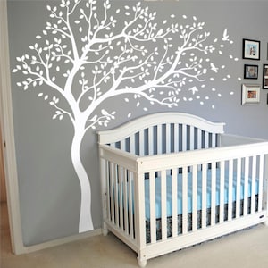 Large White Tree Decal with Birds – Nursery Nature Mural Sticker for Kids Rooms