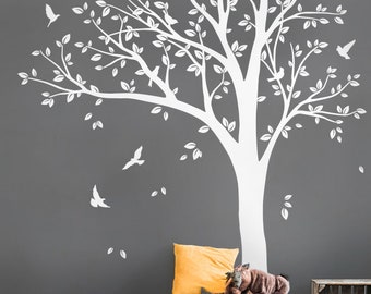 White nursery Tree Wall Decal Wall decal Room decor with Flying Birds, Wall mural - 001