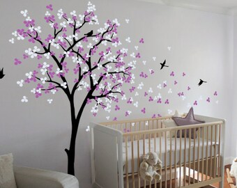 Tree Wall Decal Modern Baby Nursery Wall Decals Baby Decal Tree with Blossoms and Birds Wall Mural Sticker Wall Decor - 002