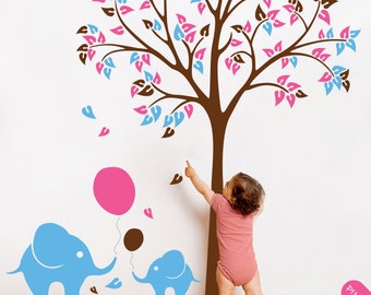 Nursery Tree Wall Decal, Elephant Balloons, Kids Room Decor