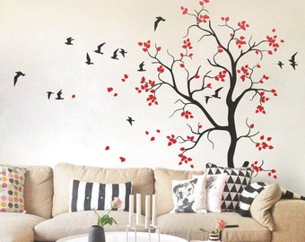 Nursery tree wall decal with Flying birds and cute leaves baby room wall mural sticker large tree 053_2